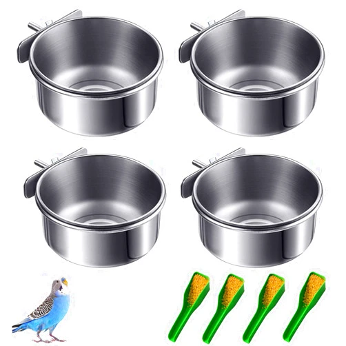 Lucky Interests 4 pcs Bird Feeding Dish Cups, Parrot Stainless Steel Food Bowl Bird Cage Water Feeder with Clamp Holder for Parrots Cockatiel Budgies Lovebird Parakeet Feeding Cups with 4 Bird Spoon