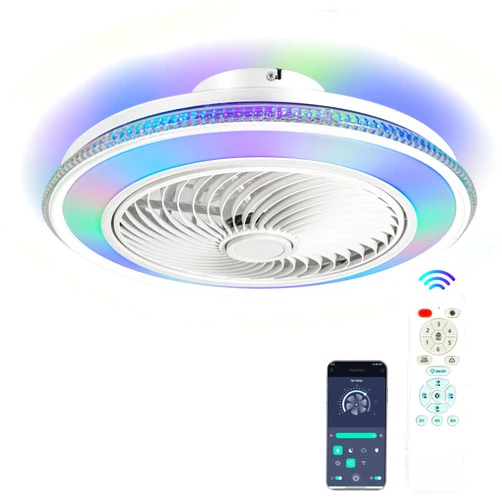 Breezary Ceiling Fans with Lights and Remote, 20 inch Bladeless Flush Mount Ceiling Fan, Low Profile, Light Dimmable and 6 Speeds, RGB Modern Fan with Light for Bedroom,Kitchen,Living Room