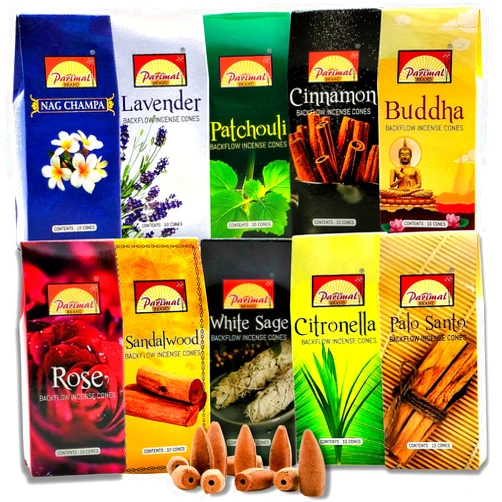 Calmveda Backflow Incense Cones for Waterfall - [Improved] (10 Variants,100 Cones) Dragons Blood Incense, Lavender Incense Cone, Nag Champa Palo Santo Cones | Creates Meditative Waterfall Fountain