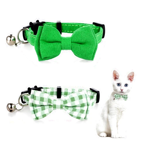 Sliverdew 2 Pcs Bowtie Cat Collar with Bell Breakaway Cat Collars Cute Boy Kitten Collar Adjustable Small Puppy Safety Collar Solid Color Plaid Pet Collar (Green)