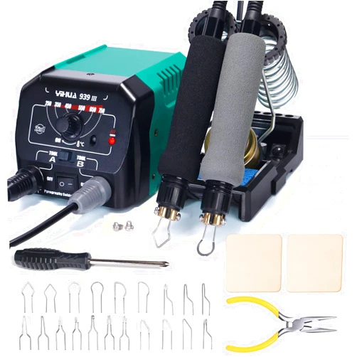YIHUA 939 III Dual Pen Pyrography Station 2-in-1 Wood-Burning Tool with Two Wood-Burning pens 250-750°C Temperature Adjustable 20 Detailer nibs and 7 Essential Accessories and Tools Included