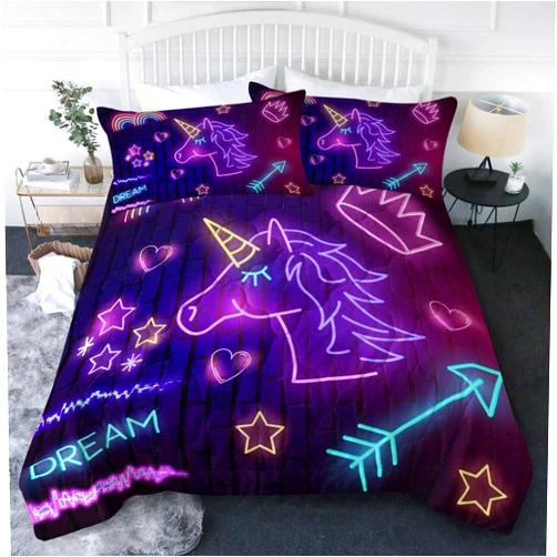 BlessLiving 3 Piece Unicorn Comforter Set for Twin/Twin XL Size Bed - Boys Neon Unicorn on Purple Bedding Sets with Comforter Pillowcases - Soft Comfortable and Reversible