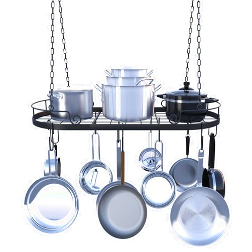 TICKCACY 33” Oval Pan Rack Hanging, Heavy Duty Ceiling Pot Rack with Hooks, Metal Pot Rack Hanging with Grid, Pot and Pan Hangers for Kitchen Cookware Utensils Toiletries, Easy Assembly, Black