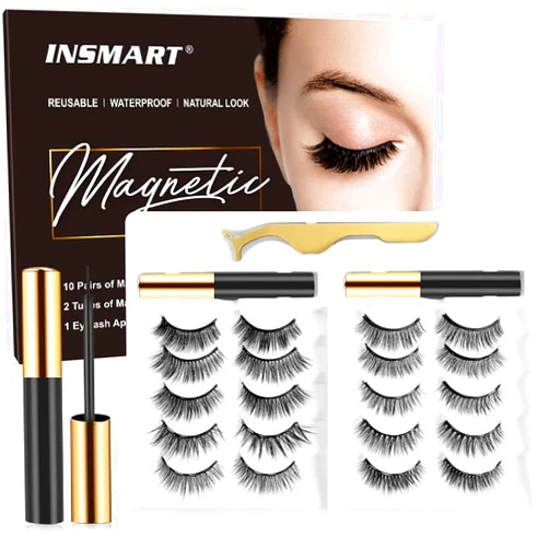 INSMART Magnetic Eyelashes with Magnetic Eyeliner Kit -10 Pairs Upgraded 3D 5D Magnetic Eyelashes Kit with Tweezers & 2 Tubes of Magnetic Eyeliner, Reusable, No Glue (10 Pairs)