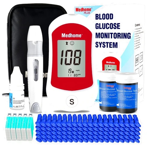 Medhome Blood Glucose Monitor Kit, Diabetes Testing with 100 Glucometer Strips,100 30G Lancets, 1 Lancing Device, 1 Blood Sugar Monitor with Control Solution, Large Menory Capacity, No Coding.