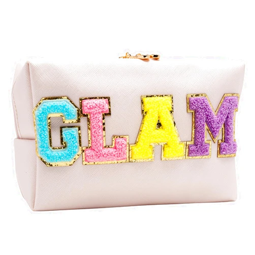COSHAYSOO Preppy Patch Makeup Bag GLAM Chenille Letter Cosmetic Pouch, Make Up Skincare Travel Organizer Gifts for Women Girl, Small Cute Aesthetic Purse Trendy Christmas Teen Stuff
