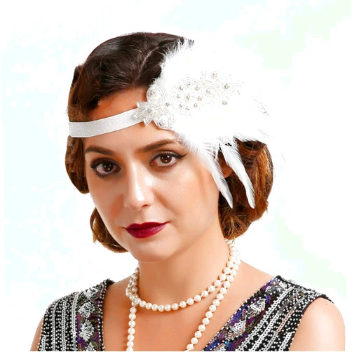 Anglacesmade Bridal 1920s Flapper Feather Headband Crystal Beaded Feather Roaring 20s Headpiece Prom Party Festival Hair Jewelry for Women and Girls (White)