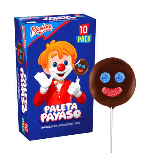 Ricolino Paleta Payaso Marshmallow Lollipops with Chocolate Flavored Coating, Net Wt. 15.8 Ounces, 10 Count Box
