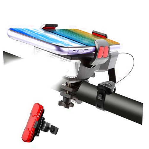 NIUAWASA 5 in 1 Bike Lights Front and Back, NIUAWASA Super Bright USB Rechargeable Waterproof Bicycle 3 LED Lights with Phone Holder & Bike Horn 130 db, 4000mAh Bike Light for Night Riding Mountain Road (Blue)