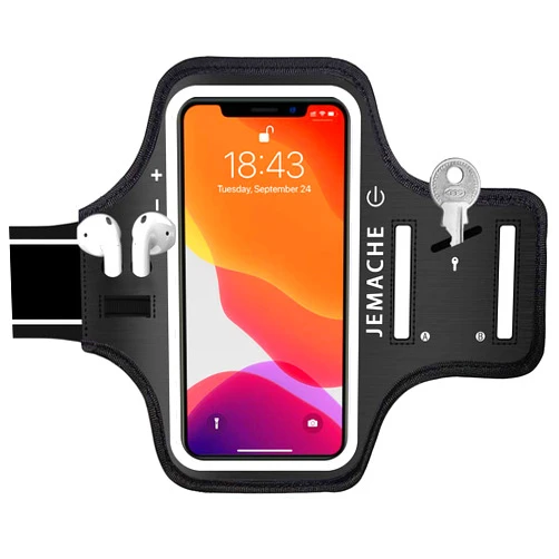 JEMACHE iPhone 15 Pro Max, 14 Pro Max, 15 Plus Armband with AirPods Holder, JEMACHE Gym Running Workouts Arm Band for iPhone 15/14 Plus, 15/14/13/12/11 Pro Max (Dark)