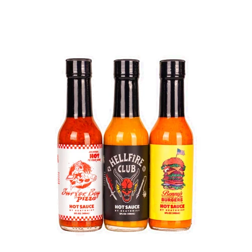 Heatonist Stranger Things Hot Sauce Trio Pack With Benny’s Burgers, Surfer Boy Pizza, Hellfire Club, Made With All Natural Ingredents, 5 fl oz Bottles (3-Pack)