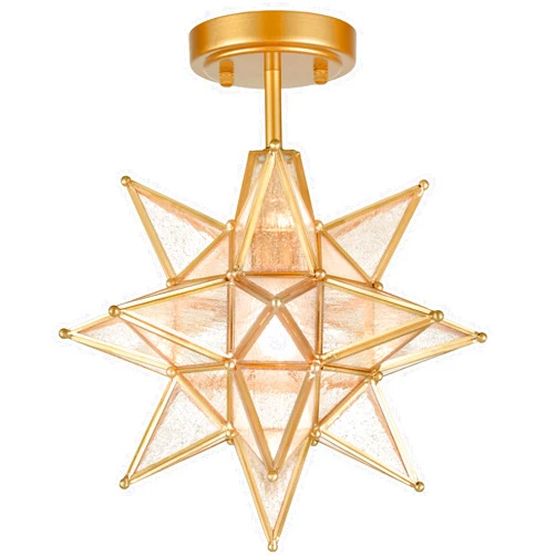 HYDELITE Brushed Gold Moravian Star Ceiling Light with Seeded Glass Semi Flush Mount Ceiling Light for Foyer Hallway