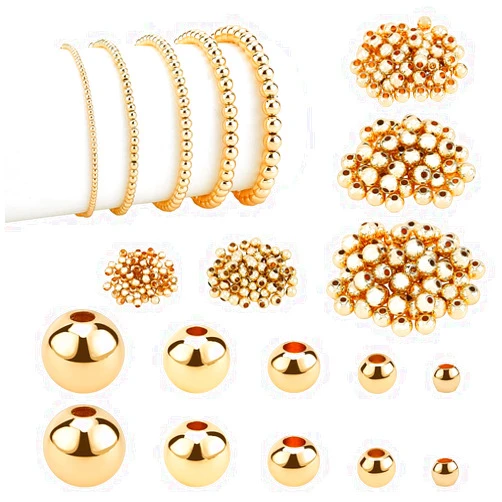 PH PandaHall 14K Gold Spacer Beads, 300pcs Round Brass Beads 5 Size Metal Smooth Beads Seamless Ball Beads Long-Lasting Little Beads for Summer Bracelet Necklace Jewelry DIY Crafts(2/3/4/5/6mm)