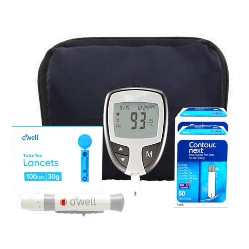 OWELL Contour NEXT EZ Diabetes Testing Kit | Contour NEXT EZ Blood Glucose Meter, 100 Contour NEXT Blood Glucose Test Strips, 100 O'WELL Lancets, O'WELL Lancing Device, LogBook, User Manual & Carry Case