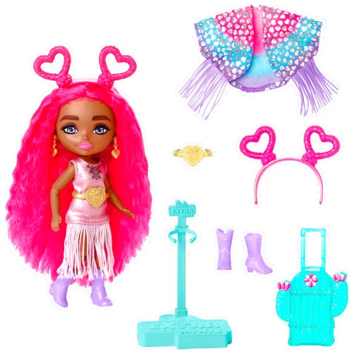 Barbie Extra Fly Minis Travel Doll, Desert Festival Look with Magenta Hair in Fringe Jacket, Dress & Accessories, 5.5-inch
