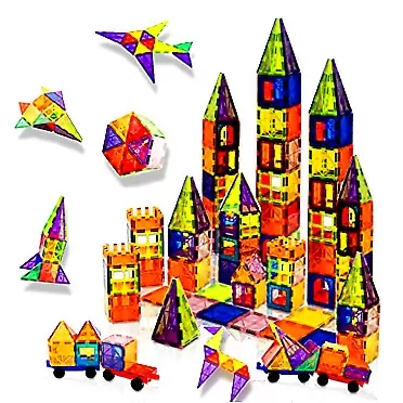 Generic Big Bear Cave 101 Pcs 3D Magnetic Tiles for Kids, Clear STEM Magnetic Building Blocks, Construction Toy Set for Toddlers with 2 Cars and Storage Bag
