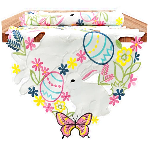 Arciveberg Spring Easter Table Runner with Cutwork Embroidered Bunny, Colorful Eggs and Butterflies, Home Spring Holiday Table Decor (14 × 70 inches)