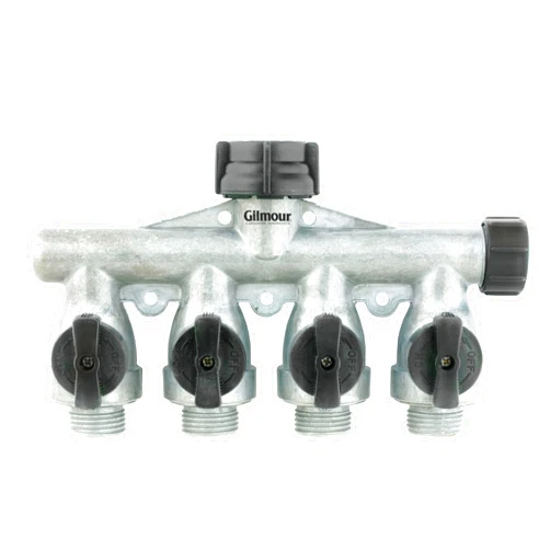Gilmour Heavy Duty 4 Way Garden Hose Splitter, Quad Water Hose Splitter with Shut Off Valve, Metal Water Manifold