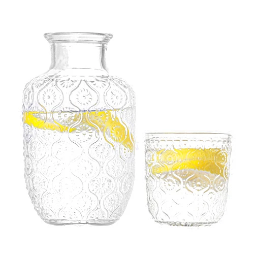 Kitchenexus Bedside Water Carafe and Glass Set，20oz Glass Pitcher and 5.4 Oz Cup, Glass Water Jug Juice Pitcher with Tumbler Glass for Bedroom Nightstand Kitchen Crabapple Pattern
