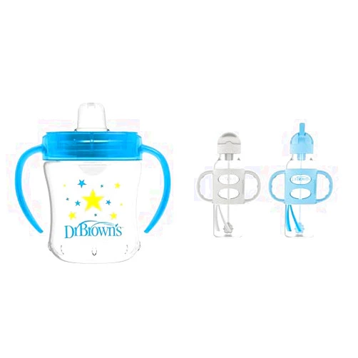 Dr. Brown's Transition Sippy Cup Soft Spout Blue - 6oz 6m+ & Milestones Narrow Straw Bottle, Spill-Proof 100% Silicone Handles and Weighted 6m+