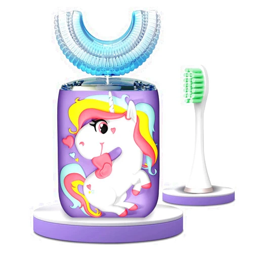 Tikmos Kids Electric Toothbrush U Shaped Ultrasonic Automatic Brush with 2 Brush Head 6 Sonic Clean Modes IPX7 Waterproof Unicorn Design Whole Mouth Rechargeable Smart Timer Toothbrushes for Children 2-6