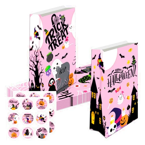 HEYPOMAX Halloween Candy Snack Paper Bags & Seals Combo Set, 12 Bags 18 Stickers, Pink Cute Whimsical Designs for Party Fun
