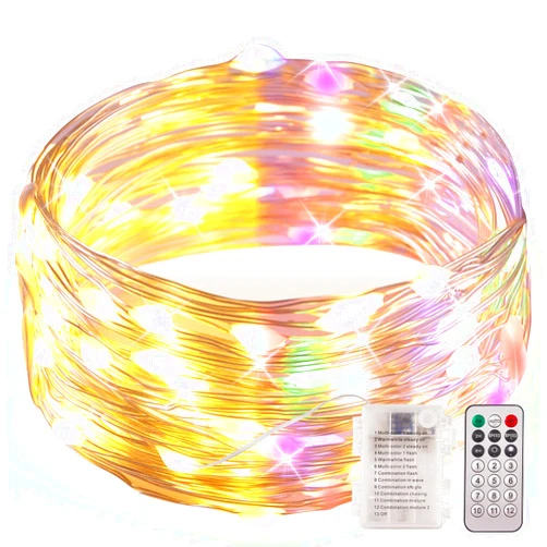 Ariceleo 1 Pack Warm White & Multi-Color Battery Operated String Lights, 5M/16.4ft. 50 LEDs Remote Control Timer 12 Modes Optional Twinkle Battery Powered Fairy Lights Sliver Wire Firefly Lights