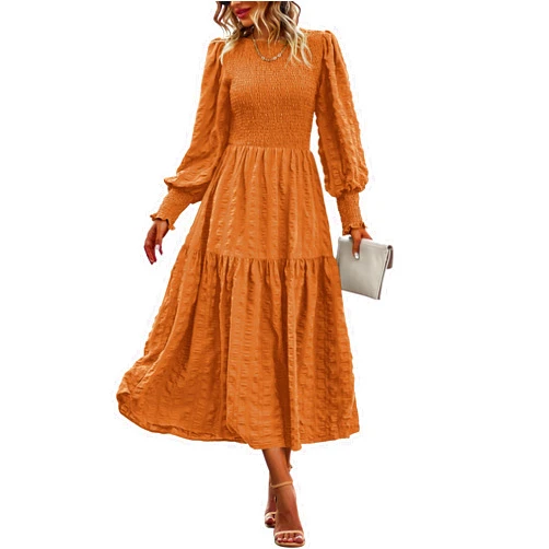 PRETTYGARDEN Women 2024 Puff Long Sleeve Crewneck Smocked Maxi Dress Solid Empire Waist Tiered A-line Swing Flowy Long Dress