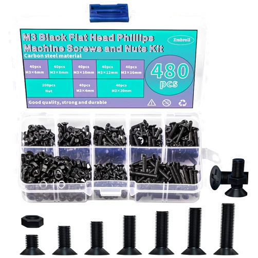 Zmbroll 480 Pcs M3 Flat Head Machine Screws Black Phillips Screws Bolts Nuts Assortment Kit M3 x 4mm/6mm/8mm/10mm/12mm/16mm/20mm