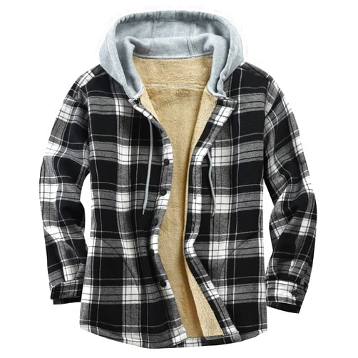 Derbars Men's Cotton Plaid Shirts Jacket Fleece Lined Flannel Shirts Sherpa Button Down Jackets with Hood for Men