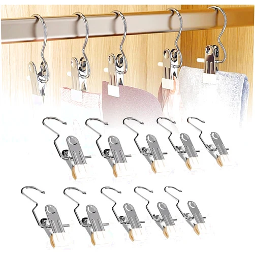 SCSQI 2024 New Space-Saving Clothespin Hat Pants Storage Hanging Travel Hook, 360° Swivel Stainless Steel Hangers with Clips, Laundry Hooks Hanging Clips Clothes Pins Socks Towel Clips (B-White 10PCS)