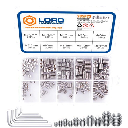 LordHardware 200Pcs Allen Head Socket Hex Set Screw Bolts Assortment Grub Screws Kit Metric M3 M4 M5 M6 M8 w/Internal Hex Drive, Stainless Steel
