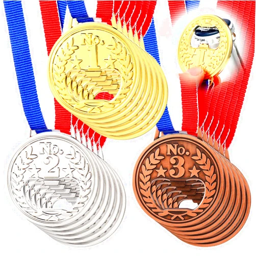 Honeydak Medal Shaped Flat Bottle Opener Winner Award Metal Wine Beer Opener Gold Silver Copper Medal Trophy Opener with Neck Ribbon for Bar Bartender Men Kitchen Restaurant Party(18 Pieces)