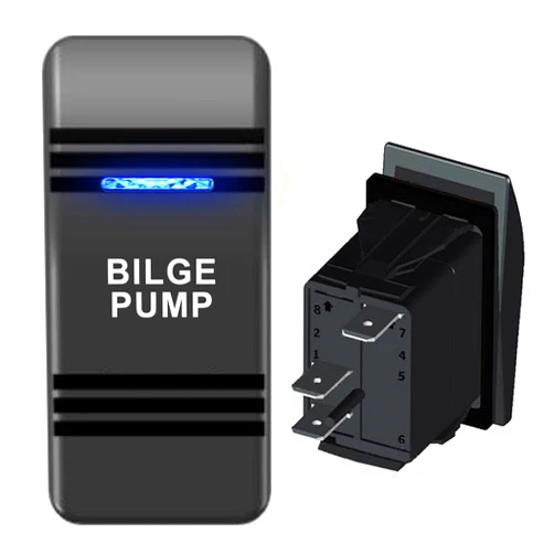 RWUJILONG Rocker Switch 3Pin with Text “Bilge Pump” 12V 24V On-Off Waterproof Marine Rocker Switches, Black with Blue Lens. Contura III, Fits Car-ling, Cole Hersee, Blue seas,Contura III