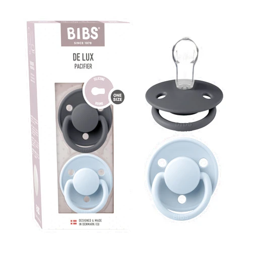 BIBS Pacifiers - De Lux Collection | BPA-Free Baby Pacifier | Made in Denmark | Set of 2 Iron/Baby Blue Color Premium Soothers | Size One Size