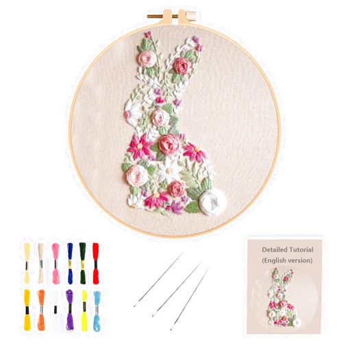 Vkeyinf Bunny in Bloom Easter Embroidery Kit - 2024 New Easter Bunny in Bloom Embroidery Kits for Beginners, DIY Hand Bunny Embroidery Easter Cross Stitch Starter Set with Instruction and Tools