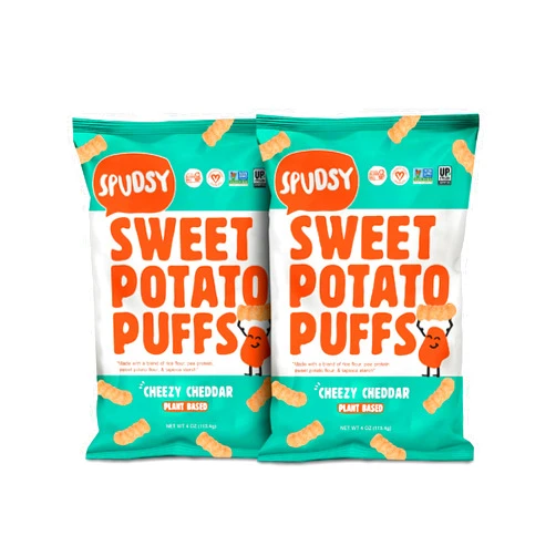 Spudsy Cheezy Cheddar Sweet Potato Puffs | Vegan Gluten Free Cheezies | Plant-Based, Allergen-Free, Non-GMO Kosher, Superfood Snack | 2 Pack, 4 oz Bags