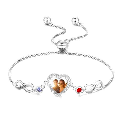 Gifterosity Personalized Photo Bracelet for Women with Simulated Birthstone Heart Photo Locket Infinity Bracelet Custom Engraved Name Sister Bracelet Gifts for Women Friends