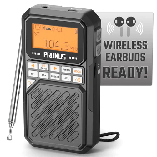 PRUNUS J525 Portable Radio AM FM with Bluetooth Earphone Output & Bluetooth Speaker Mode, Preset, 2500mAh Rechargeable, Micro SD Playback with Shuffle & Sequential Play, Headphone Jack, Sleep Timer