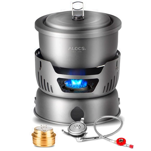 ALOCS Camping Cookware Set, 11 Piece Lightweight Camping Cooking Set with Alcohol Stove & Gas Stove Burner, Portable & Durable Camping Pot Camping Gear for Camping, Hiking & Outdoor Picnics