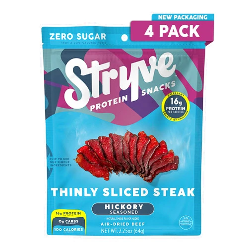 Stryve Protein Snacks Stryve - Better Than Jerky Steak Snacks Protein Rich, Beef Biltong | 36g Protein, Sugar Free, Carbs Free, Gluten Free, Dairy Free, Keto & Paleo Friendly | Hickory, Pack Of 4