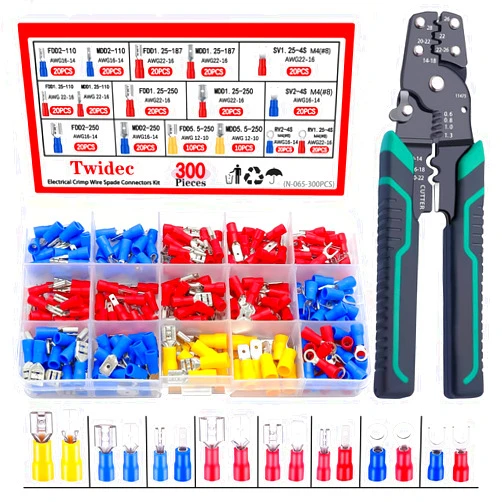 Twidec/300PCS 16Types Spade Crimp Connectors 2.8mm/4.8mm/6.3mm Male and Female Connector kit Includes Spade Fork Ring Insulated Wire Crimp Connectors and Wire Crimper Tool with Stripper Cutter