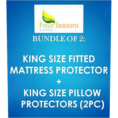 Four Seasons Essentials Bundle - 2 Items: King Size Fitted Sheet Waterproof Mattress Protector + King Zippered Pillow Protector