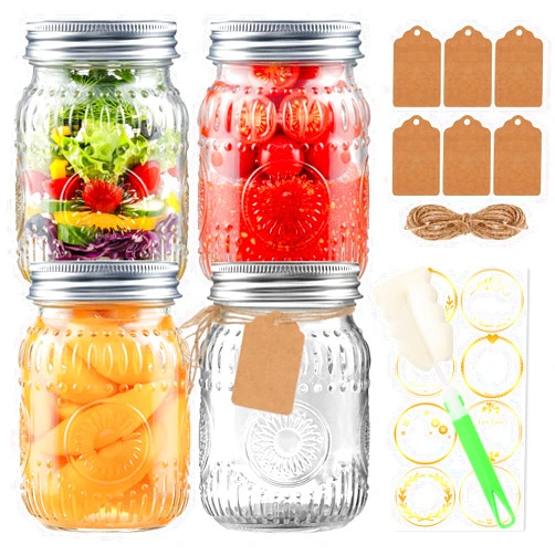 STARSIDE 16oz Mason Jars with Airtight Rust-Proof 304 Stainless Steel Lids and Bands, 4 Pack with Elegant Sunflower Embossing, Pint Glass Jars for Meal Prep, Pickling, Overnight Oats, Dry Food & DIY Crafts