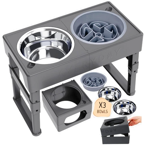 MIXXXO AVERYDAY Folding Elevated Dog Bowls for Large Dogs, 4 Heights Adjustable Collapsible Dog Food Bowl Stand with 2 Stainless Steel & Slow Feeder Dog Bowl, Foldable Raised Dog Feeding Station for Camping