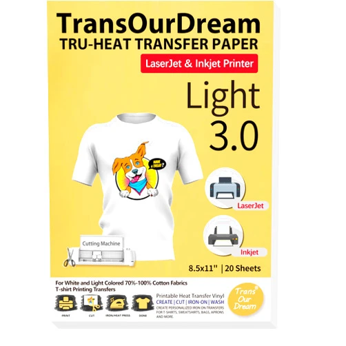 TransOurDream Tru-Heat Transfer Paper for Inkjet & Laserjet Printer (20 Sheets 8.5x11, 3.0) Printable HTV Heat Transfer Vinyl for T Shirts Iron on Transfers for Light Fabrics (TRANS-L3-1-20)