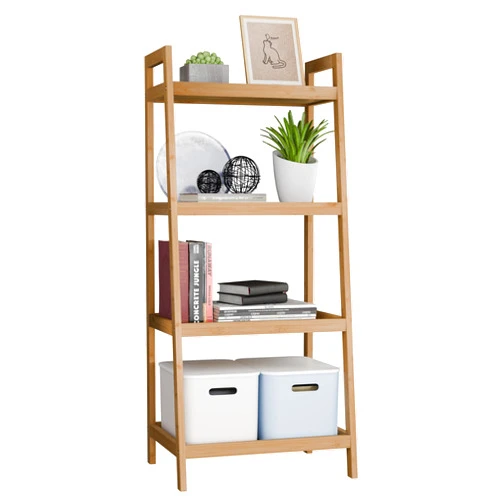 SMIBUY Bamboo Ladder Bookcase, Bathroom Storage Rack Organizer, 4 Tier Freestanding Plant Display Stand Space Saver Shelves for Bedroom, Kitchen, Balcony (Natural)