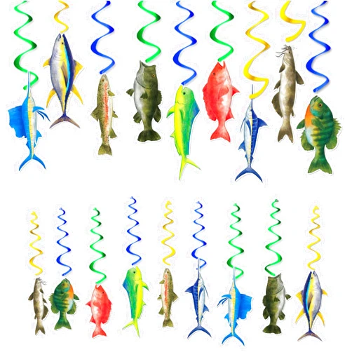 WERNNSAI Watercolor Gone Fishing Hanging Swirls Party Supplies - 18PCS Tropical Fishing Banner Ceiling Streamers Decorations Under the Sea Hanging Streamers Decor for Baby Shower Boys Birthday Party