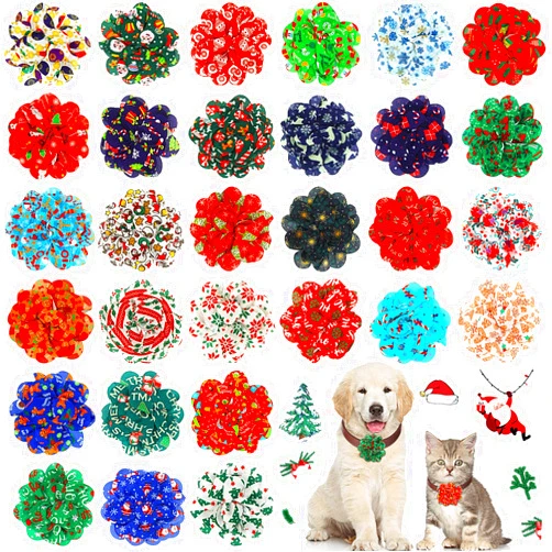 Sanwuta 30 Pcs Christmas Dog Collar Flowers Bulk Holiday Pet Flower Collar Bow Ties Winter Dog Accessories Slides Attachment Decorations for Small Medium Large Dog Cat Puppy Bow Grooming Supplies