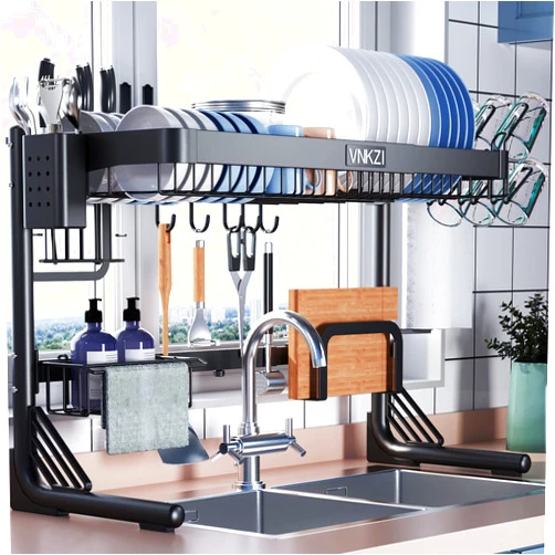VNKZI Over Sink Dish Drainer Drying Rack, 2 Tier Full Stainless Steel Storage Adjustable Length (25.98'' to 36.61'') Kitchen Rack, Multifunctional Expandable Counter Organizer, Space Saver Dish Rack
